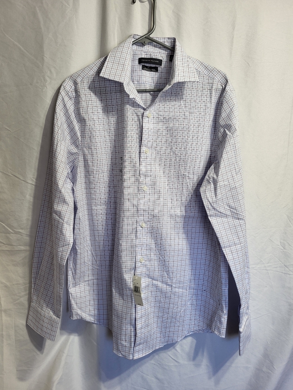 NEW Tommy Hilfiger  White & Light Blue Grid Dress Shirt, Size Medium
